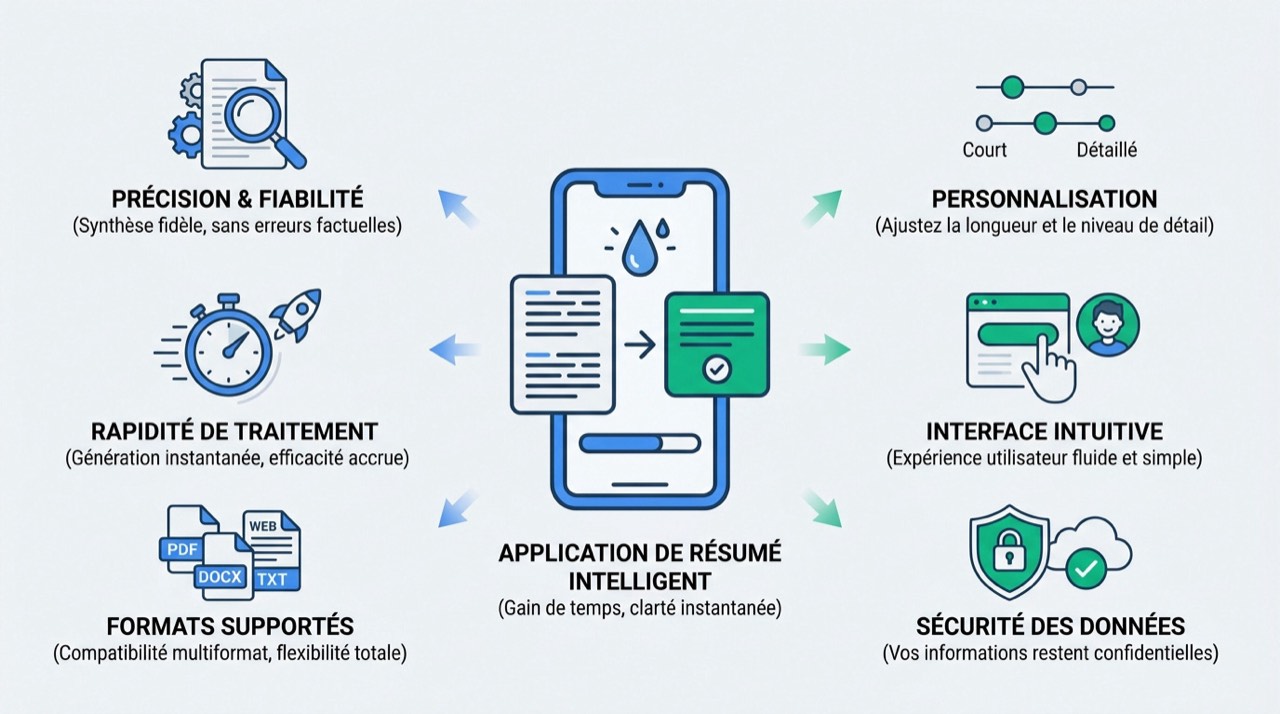 Infographie détaillant les critères de sélection d'une application de résumé de texte