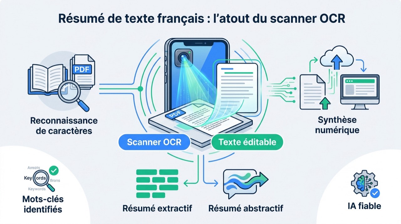 Infographie expliquant le fonctionnement du scanner OCR pour le résumé de texte