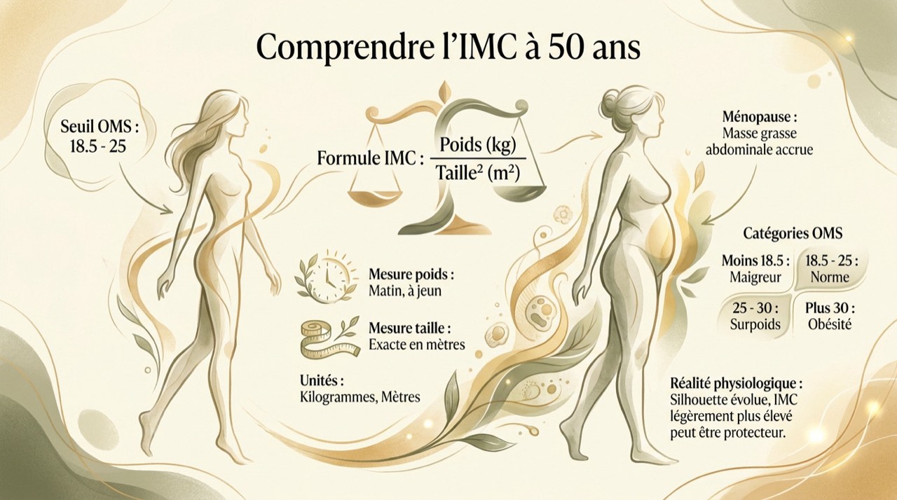 Graphique explicatif du calcul de l'IMC pour une femme de 50 ans après la ménopause