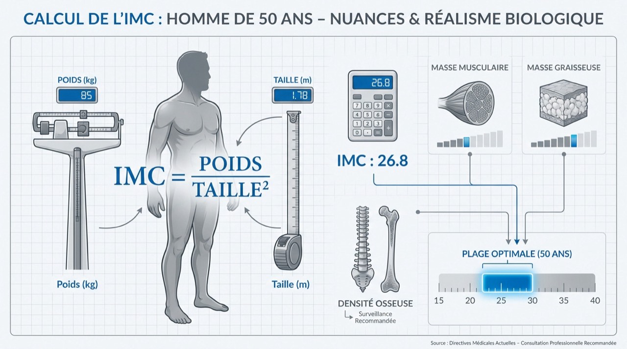 Graphique illustrant le calcul de l'IMC et les seuils de santé pour un homme de 50 ans