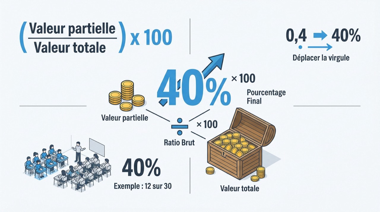 Infographie pédagogique expliquant les étapes pour calculer un pourcentage avec des exemples concrets