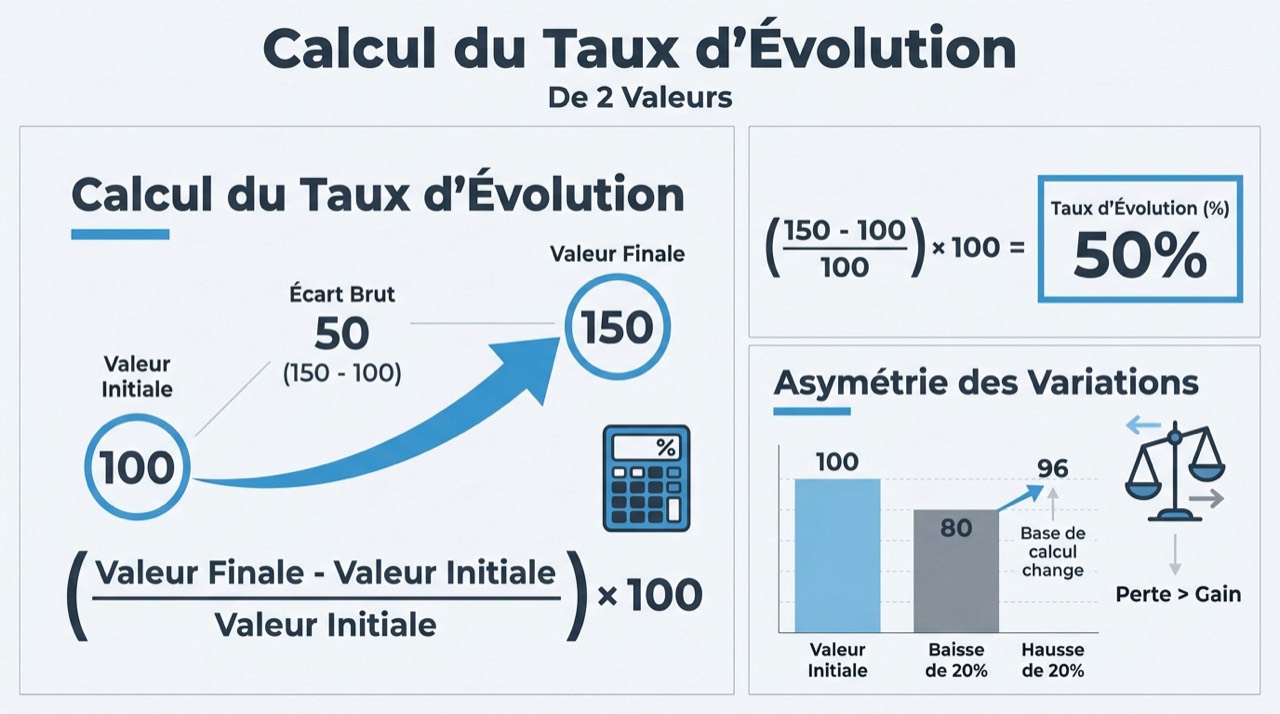 Schéma expliquant la formule du taux d'évolution et l'asymétrie entre hausse et baisse