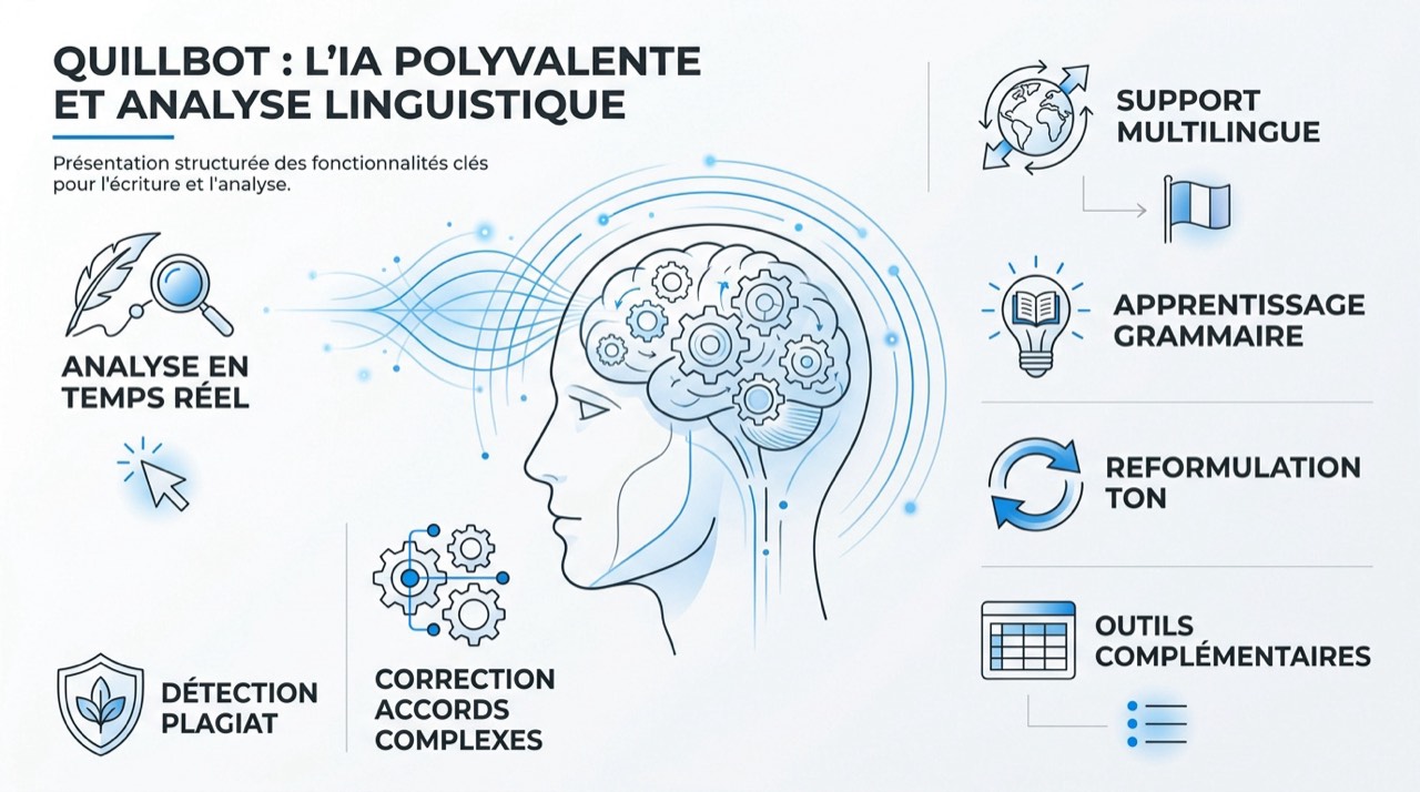 Interface de l'assistant Quillbot analysant la grammaire d'un texte en français