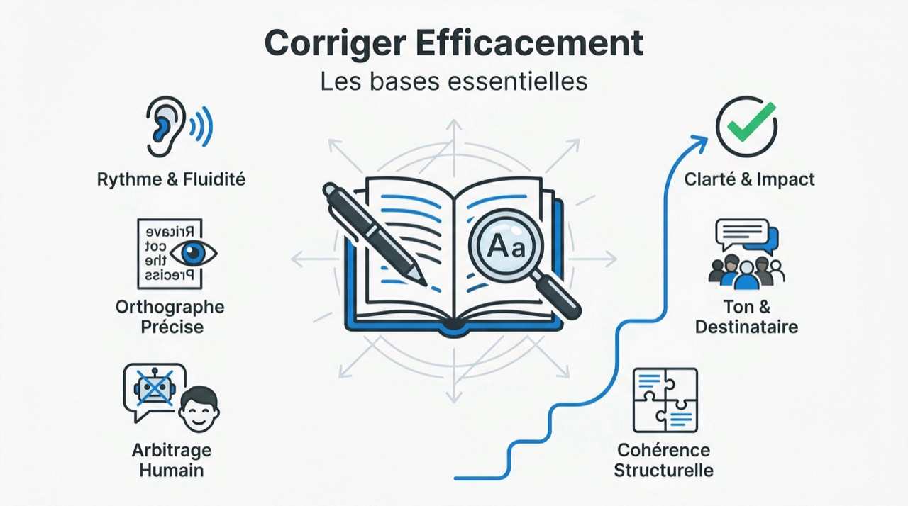 Infographie détaillant les étapes clés pour corriger un texte avec efficacité