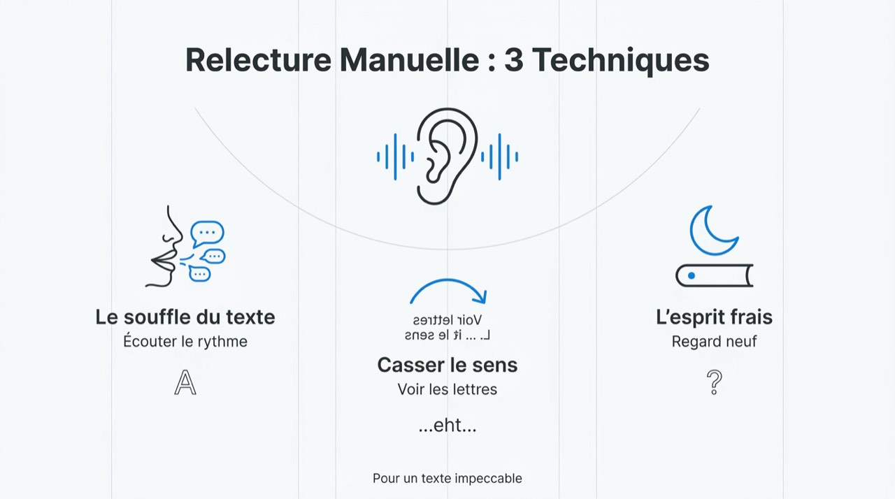 Infographie présentant trois techniques de relecture manuelle : voix haute, lecture à rebours et mise au repos