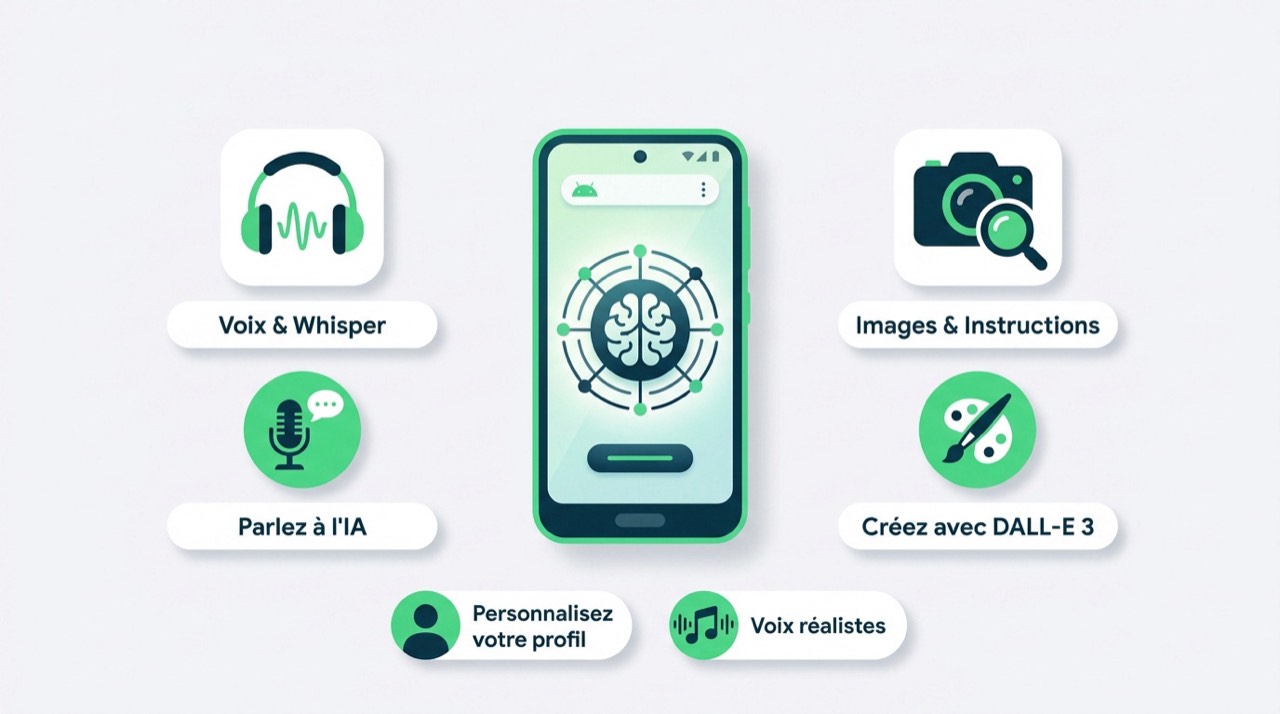 Infographie montrant les fonctionnalités de voix et de création d'images de l'application ChatGPT sur Android