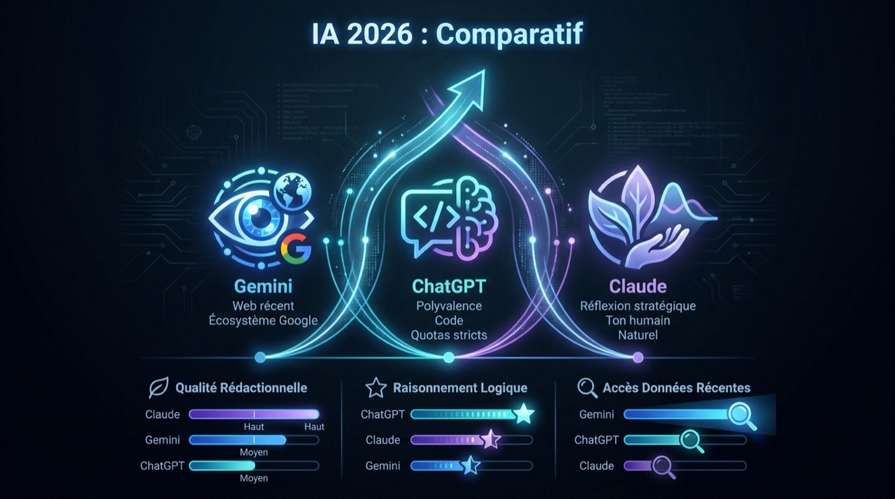 Tableau comparatif des performances de Gemini, ChatGPT et Claude en 2026