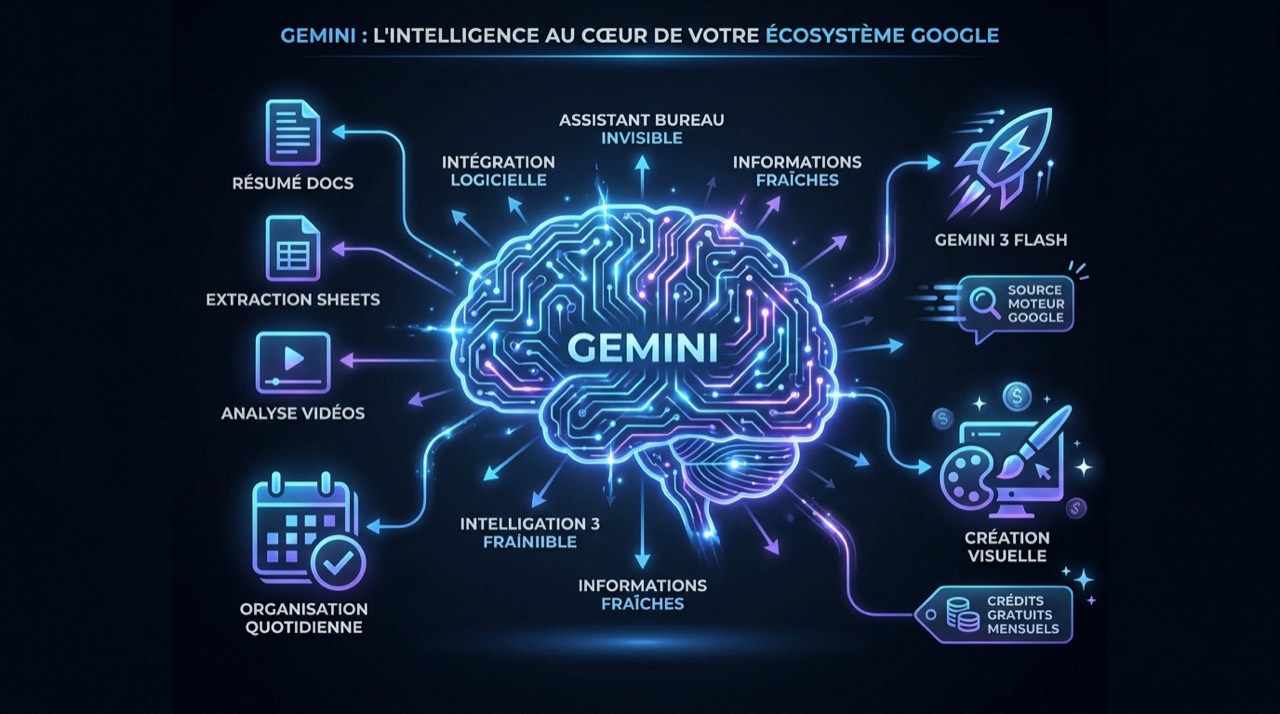 Interface de Google Gemini intégrée aux outils Workspace et YouTube pour la productivité