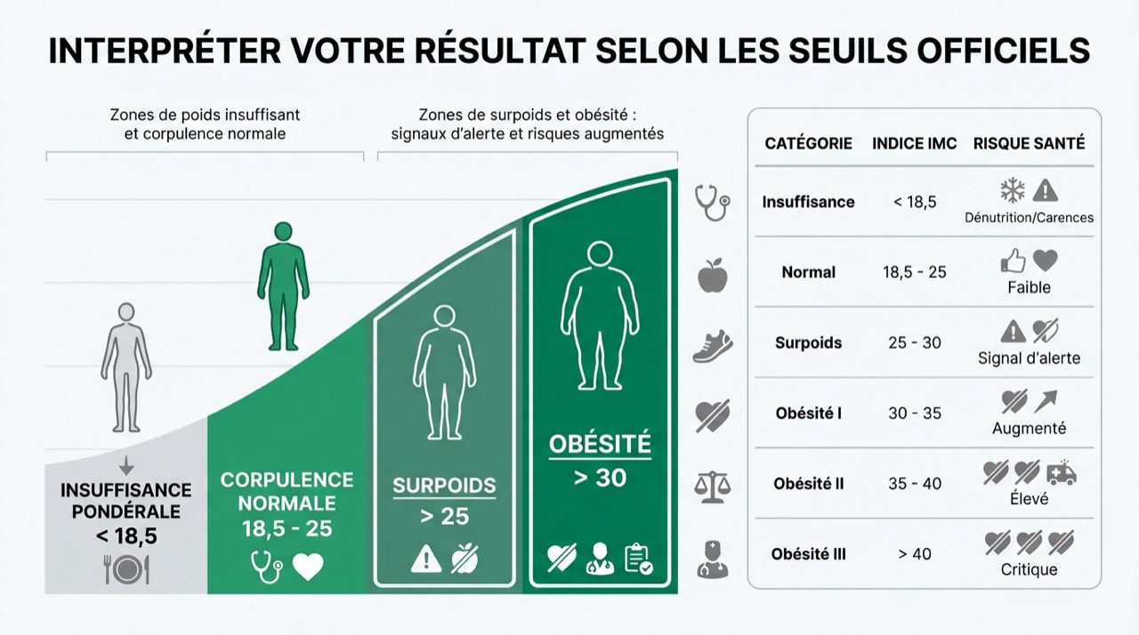Tableau d'interprétation des seuils officiels de l'IMC selon l'OMS
