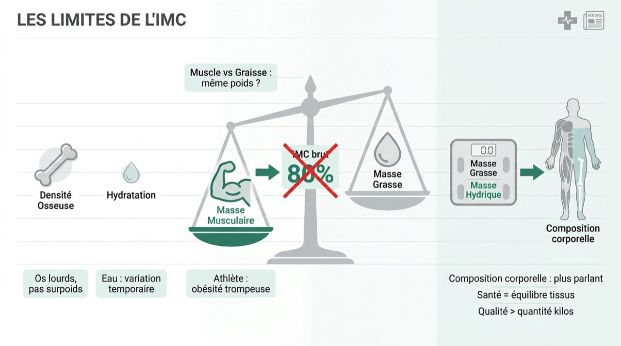 Comparaison visuelle entre la masse musculaire et la masse grasse pour illustrer les limites de l'IMC