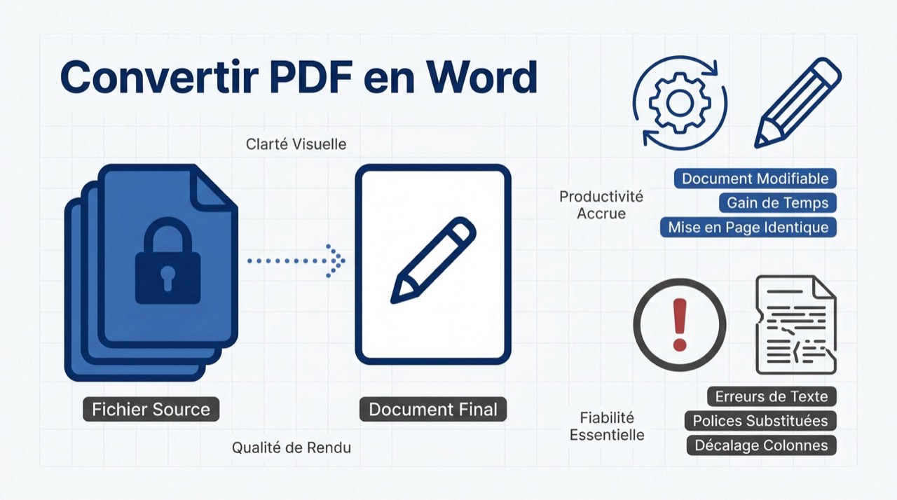 Schéma illustrant les bénéfices d'une conversion PDF vers Word réussie et les défis techniques de mise en page
