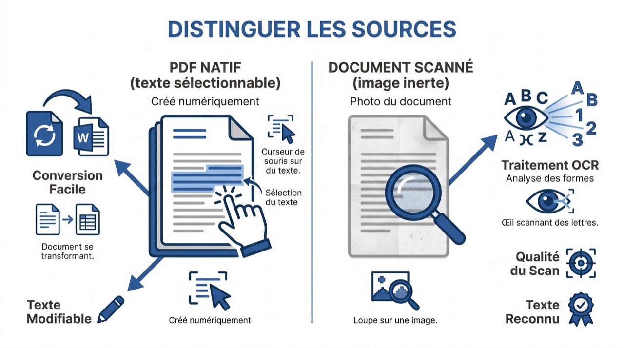Comparaison visuelle entre un PDF natif éditable et un document scanné nécessitant l'OCR
