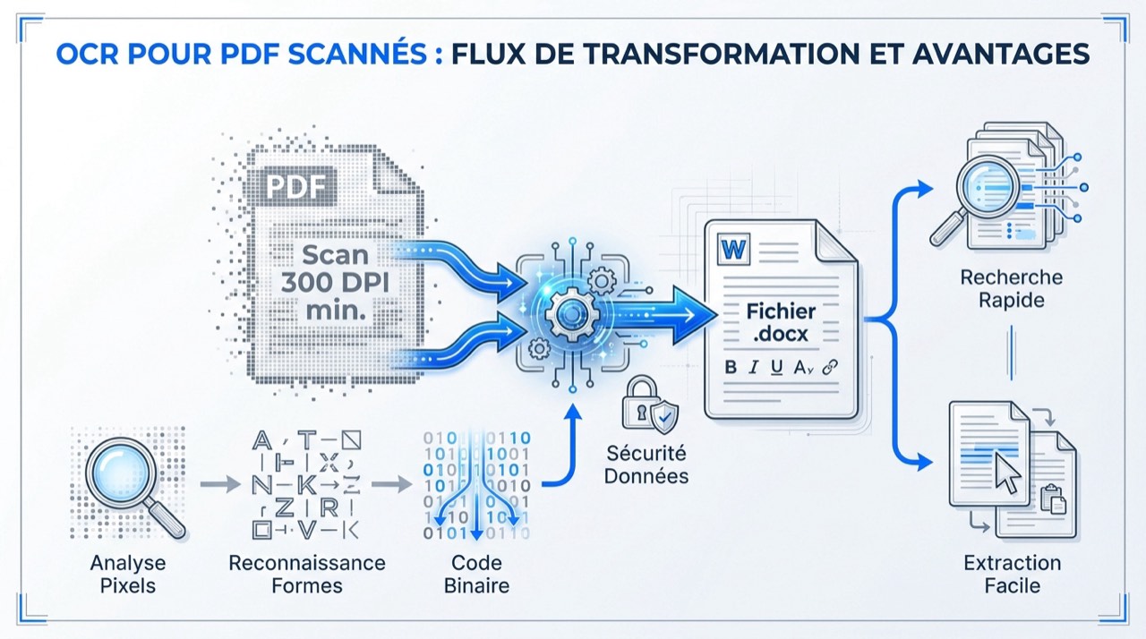 Schéma du flux de conversion OCR d'un PDF scanné vers un document Word modifiable