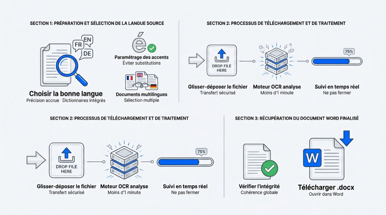 Infographie détaillant les étapes clés pour convertir un PDF scanné en Word avec l'OCR