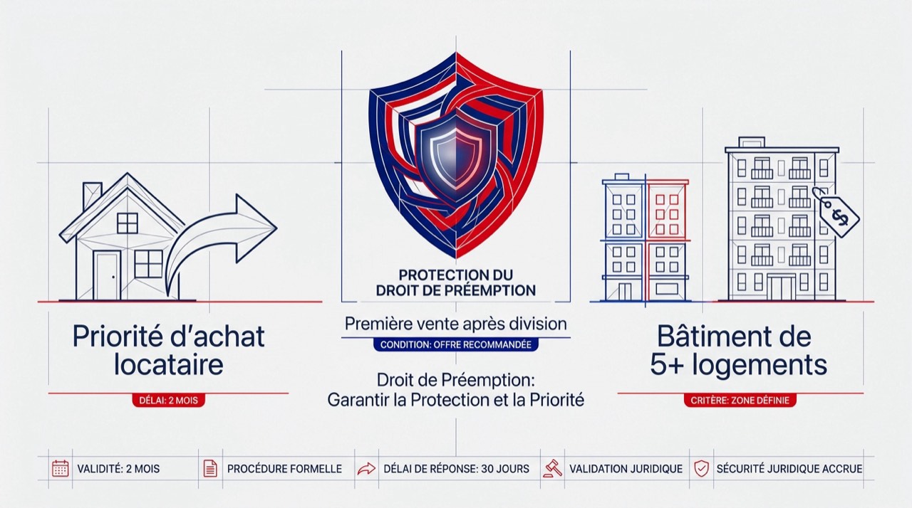 Schéma explicatif du droit de préemption du locataire et des cas de protection légale lors d'une vente