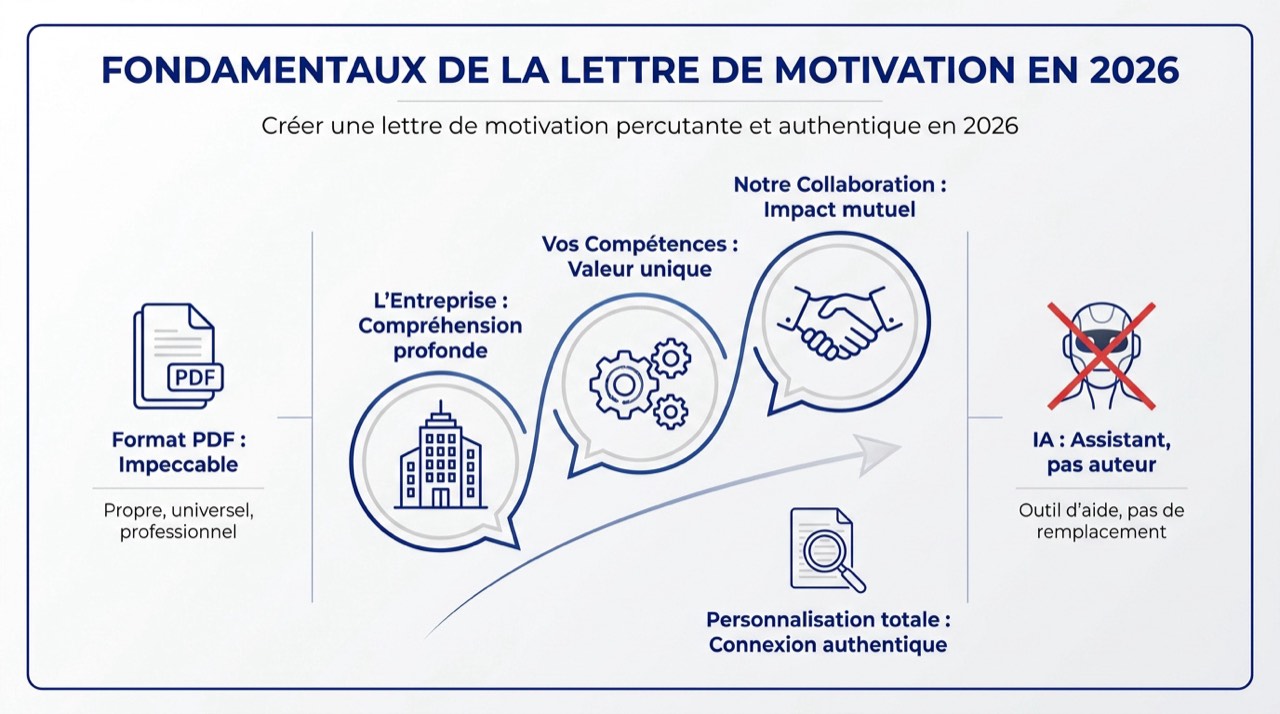 Schéma des piliers d'une lettre de motivation moderne incluant la personnalisation et la structure stratégique