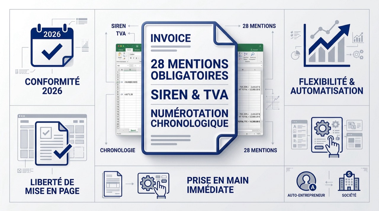 Infographie détaillant les mentions obligatoires pour une facturation conforme sous Excel
