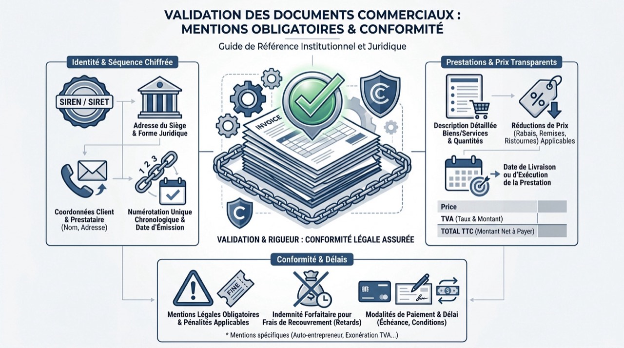 Vérification des mentions légales sur une facture commerciale