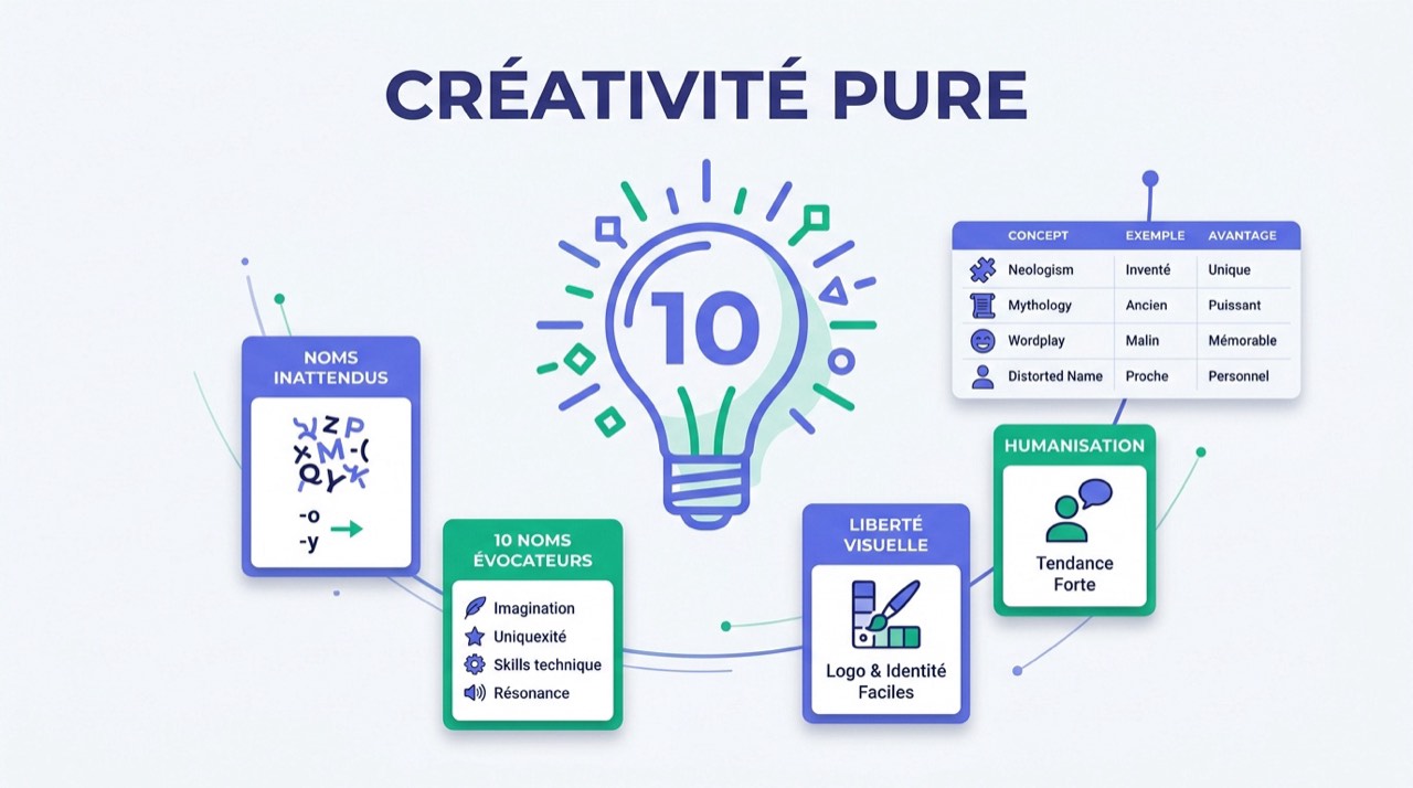 Infographie présentant 10 concepts de noms d'entreprise créatifs et originaux