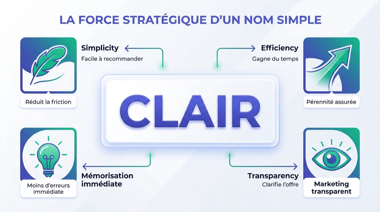 Illustration montrant la force stratégique d'un nom d'entreprise simple et minimaliste
