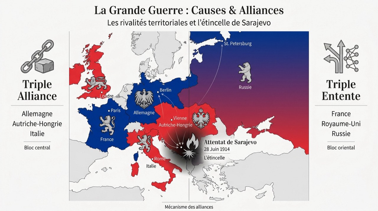 Carte des alliances de la Première Guerre mondiale montrant la Triple Entente et la Triple Alliance