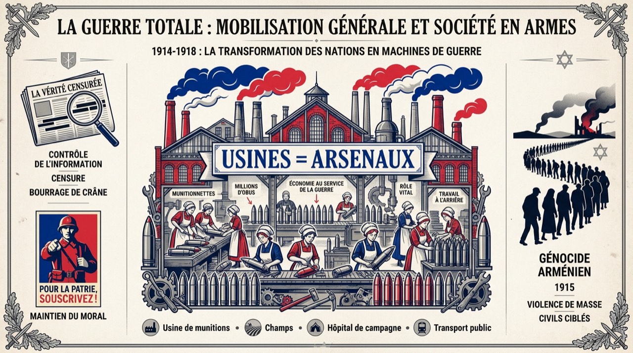 Affiche illustrant la mobilisation des femmes et de l'économie durant la Première Guerre mondiale