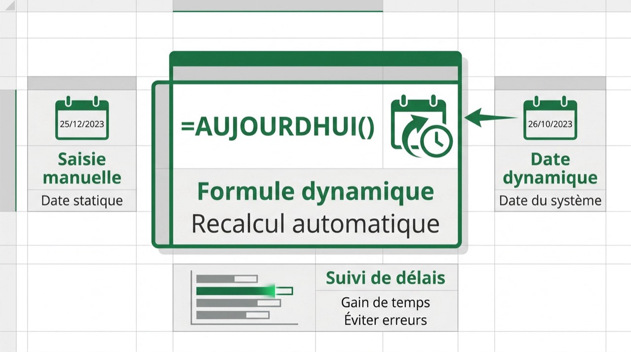 Illustration de l'utilisation de la fonction AUJOURDHUI dans un tableau Excel pour un suivi dynamique