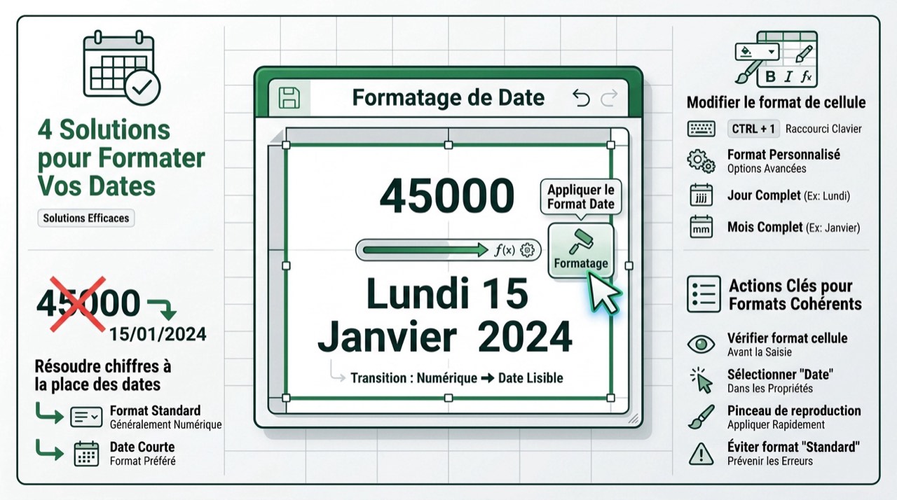 Interface Excel montrant le formatage des dates et cellules
