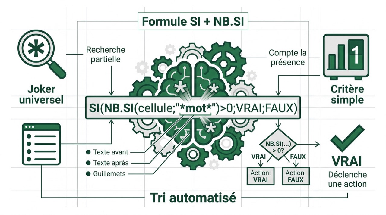 Schéma explicatif de la formule SI combinée à NB.SI pour la recherche de texte dans Excel