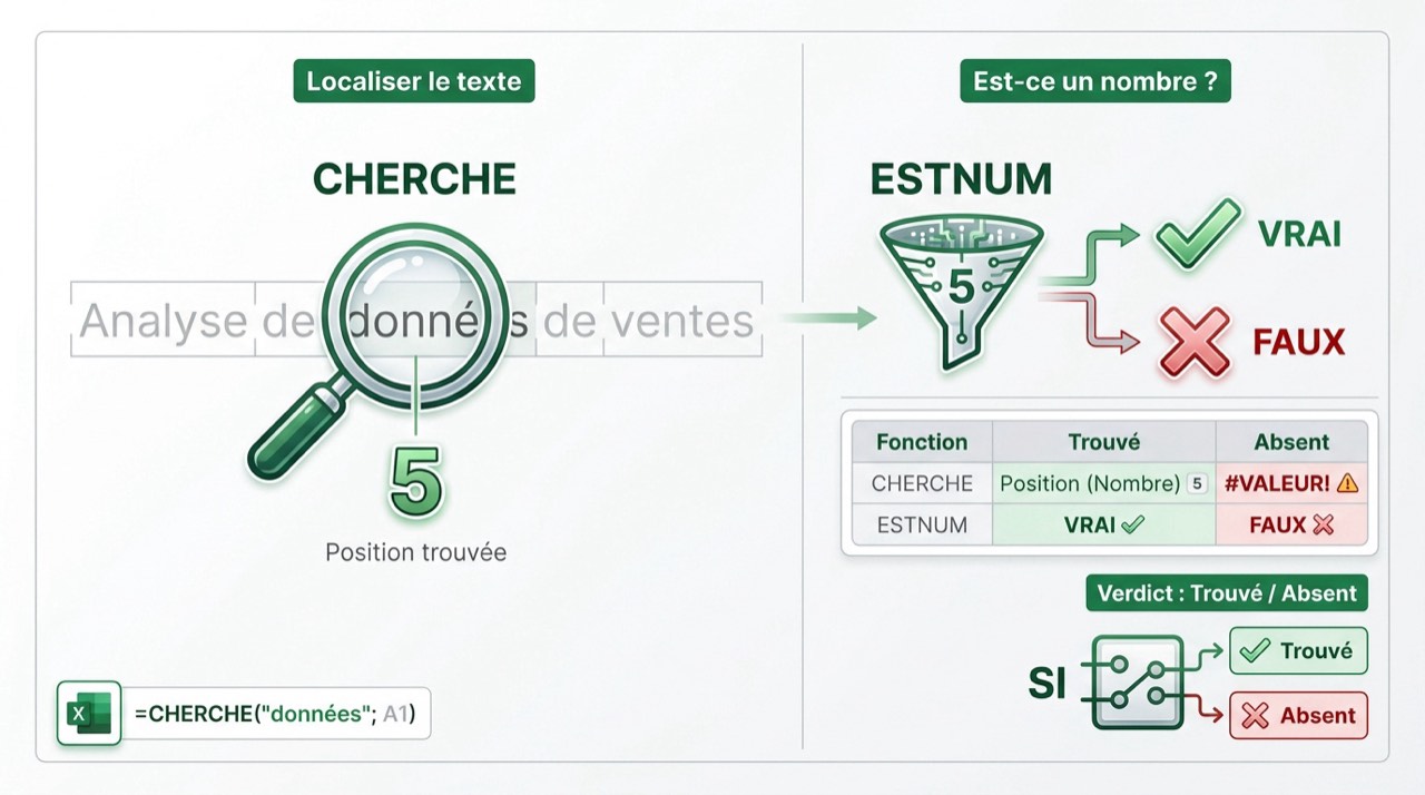 Infographie expliquant la combinaison des fonctions CHERCHE, ESTNUM et SI dans Excel pour valider la présence d'un texte