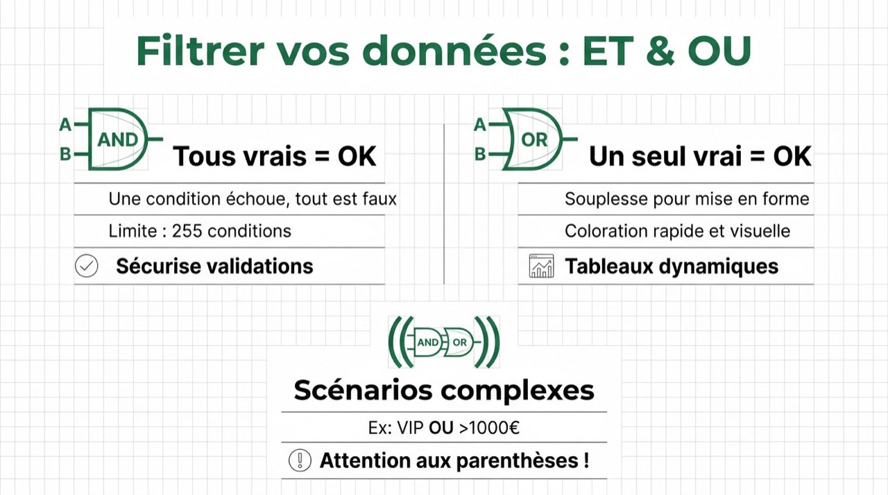 Infographie expliquant les fonctions logiques ET et OU dans Excel pour gérer plusieurs conditions
