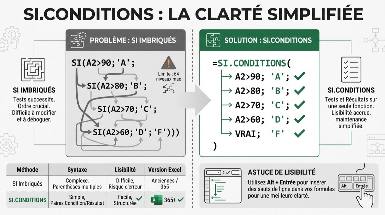 Interface Excel montrant l'utilisation de la fonction SI.CONDITIONS pour gérer plusieurs critères