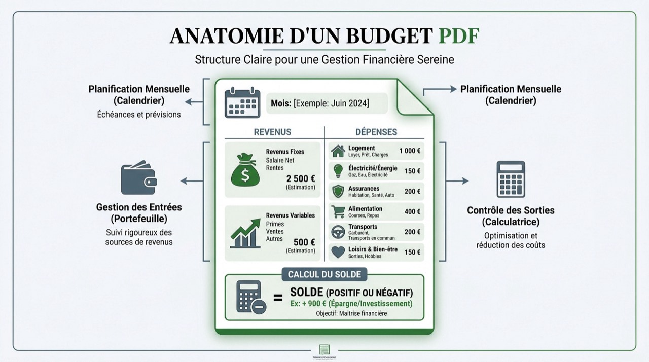 Schéma explicatif d'une fiche de budget mensuel PDF prête à l'emploi