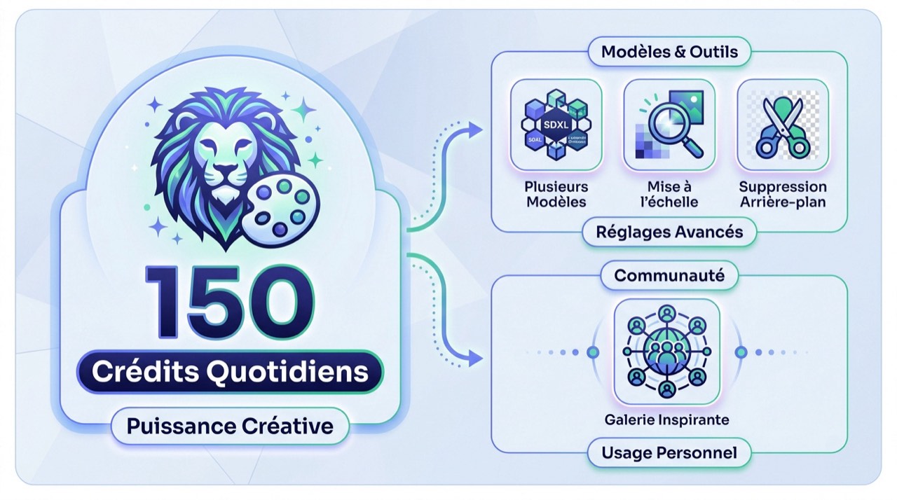Interface de Leonardo.ai montrant le compteur de 150 crédits quotidiens