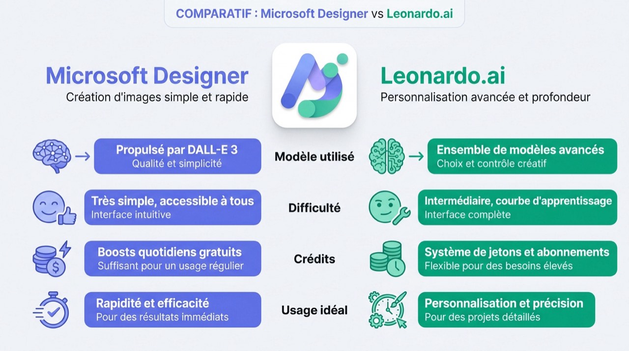 Tableau comparatif des fonctionnalités entre Microsoft Designer et Leonardo AI pour la génération d'images