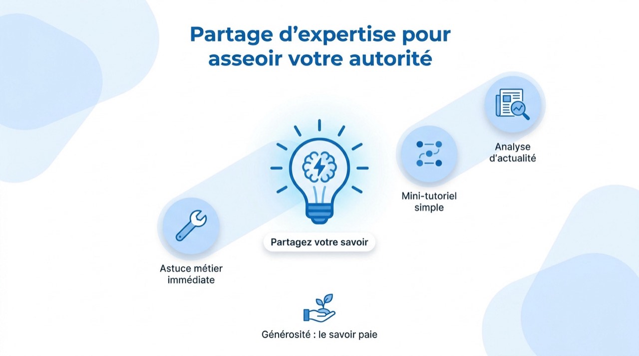 Infographie présentant 50 idées de posts LinkedIn pour asseoir son autorité et partager son expertise