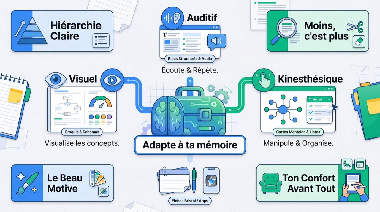 Illustration des profils de mémoire visuelle, auditive et kinesthésique pour les fiches de révision