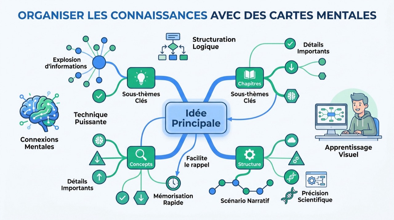 Infographie expliquant comment organiser ses connaissances avec des cartes mentales