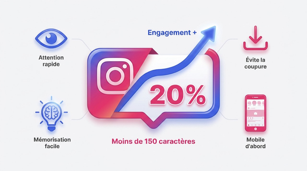 Graphique montrant l'augmentation de 20 pourcent de l'engagement sur Instagram avec des légendes courtes
