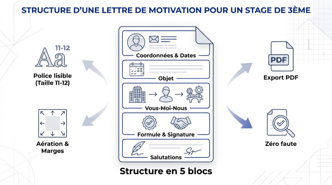 Schéma de la structure idéale d'une lettre de motivation pour un stage de troisième