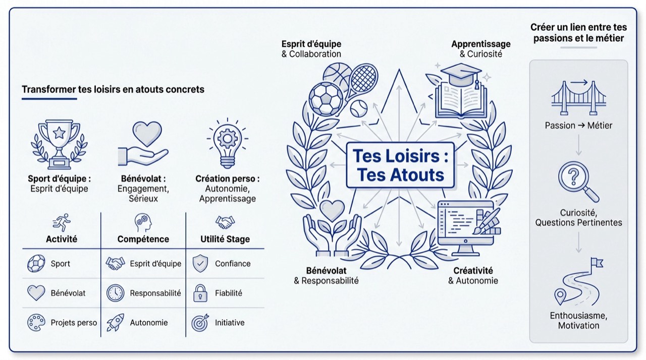 Schéma expliquant comment transformer ses loisirs en compétences pour une lettre de motivation de 3ème