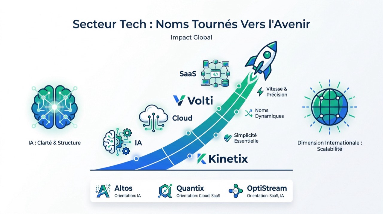 Infographie présentant des concepts de noms innovants pour le secteur technologique et l'intelligence artificielle