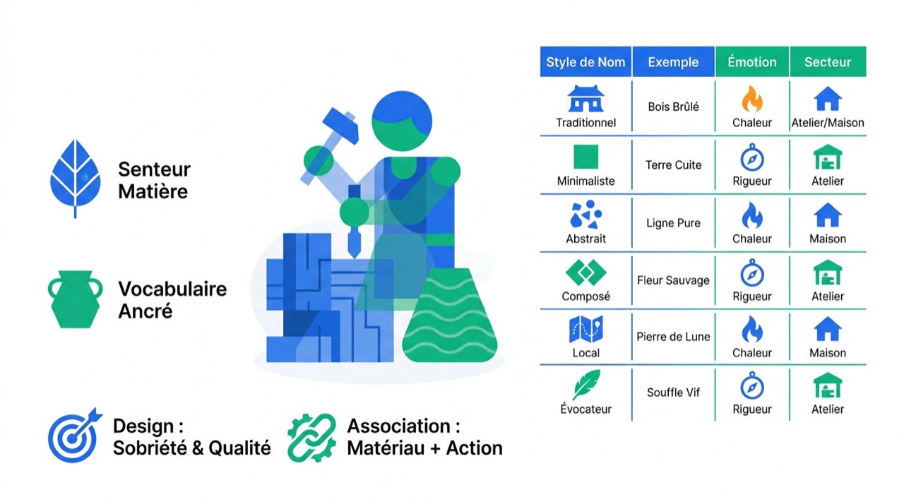 Infographie présentant les styles et matières pour une identité visuelle artisanale