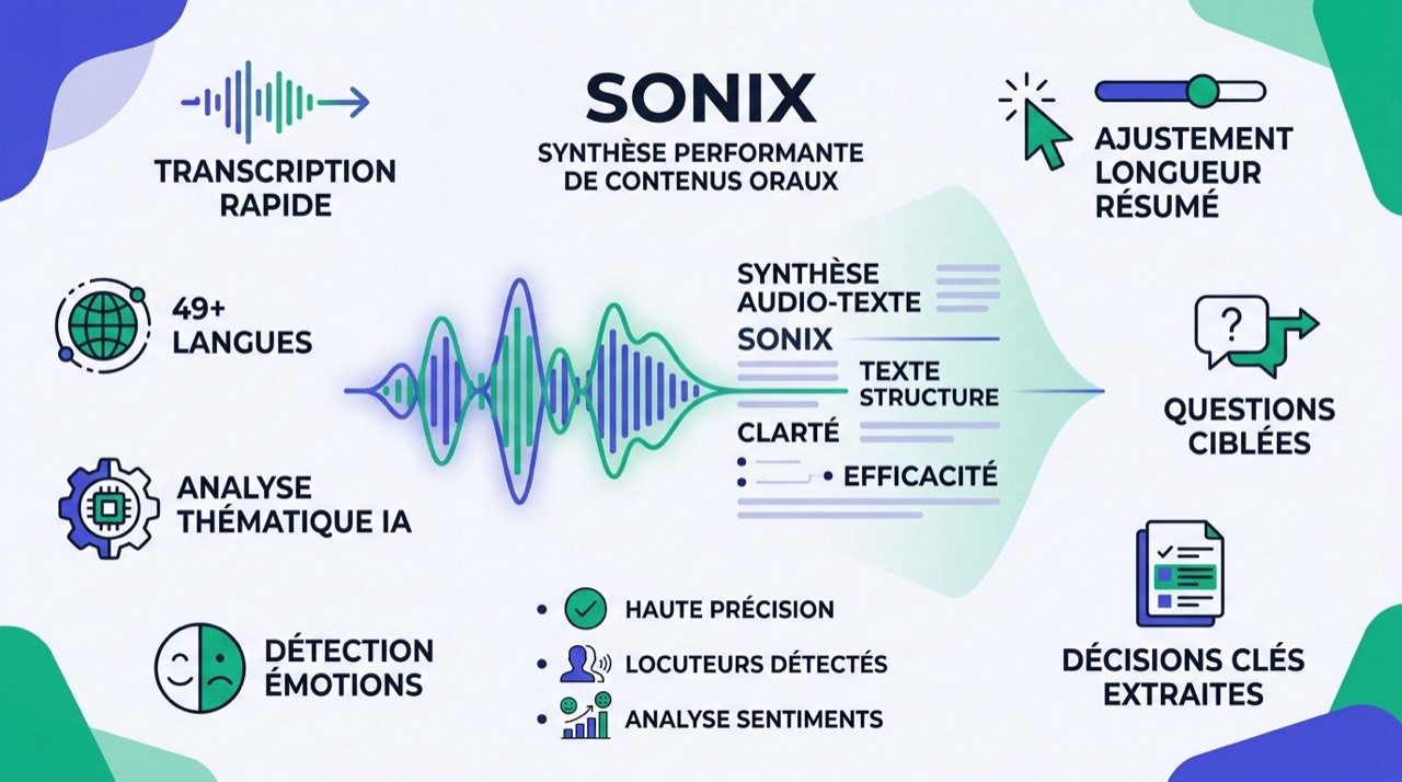 Infographie présentant les capacités de transcription et de résumé de Sonix