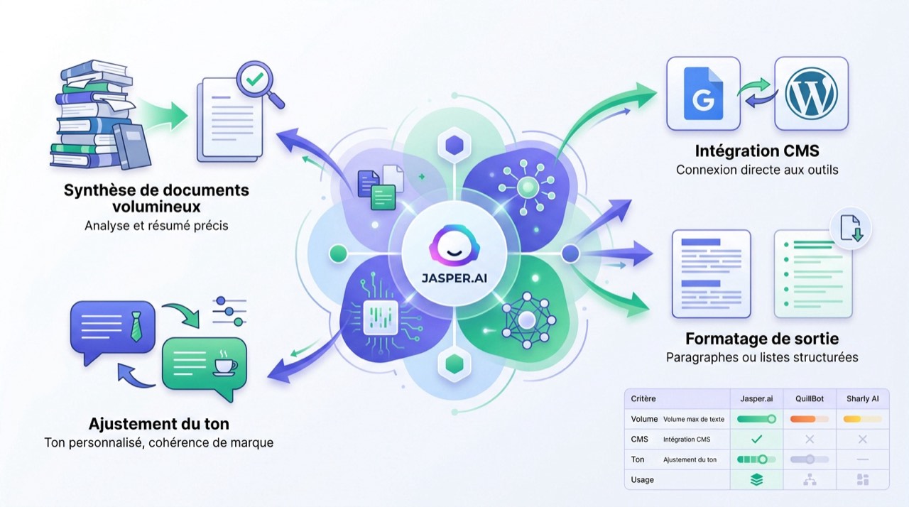 Interface du logiciel Jasper.ai pour la synthèse de documents complexes