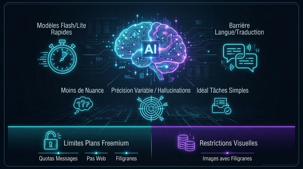 Infographie présentant les capacités et les limites techniques des modèles d'intelligence artificielle