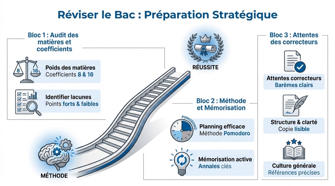 Infographie sur la préparation stratégique et l'organisation des révisions pour le baccalauréat