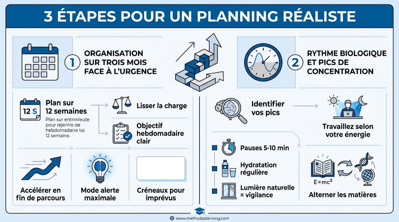 Infographie présentant les 3 étapes clés pour organiser ses révisions du bac de manière réaliste