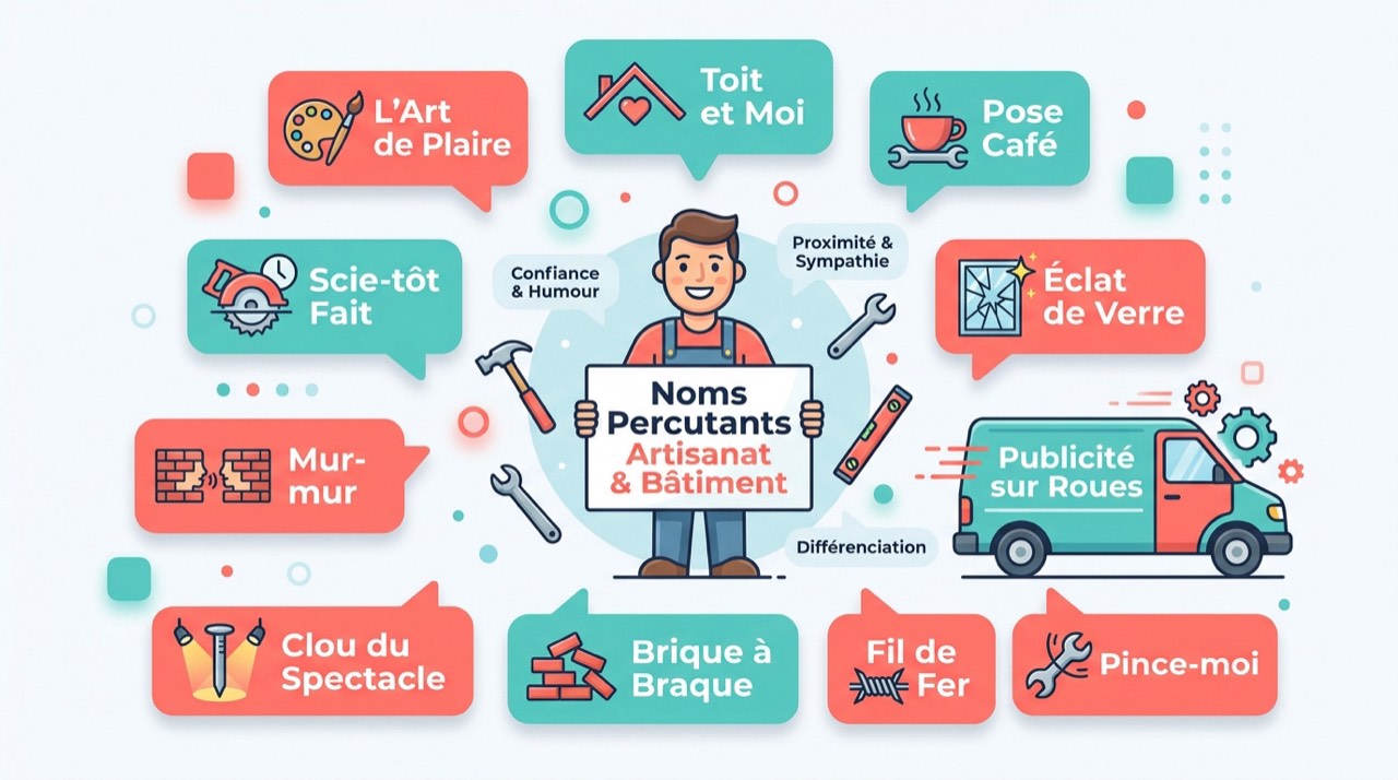 Infographie présentant des idées de noms d'entreprise avec jeux de mots pour le secteur du bâtiment et de l'artisanat