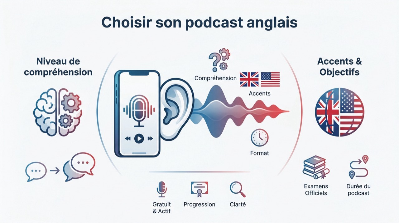 Guide visuel pour choisir son podcast d'apprentissage de l'anglais selon le niveau et l'accent